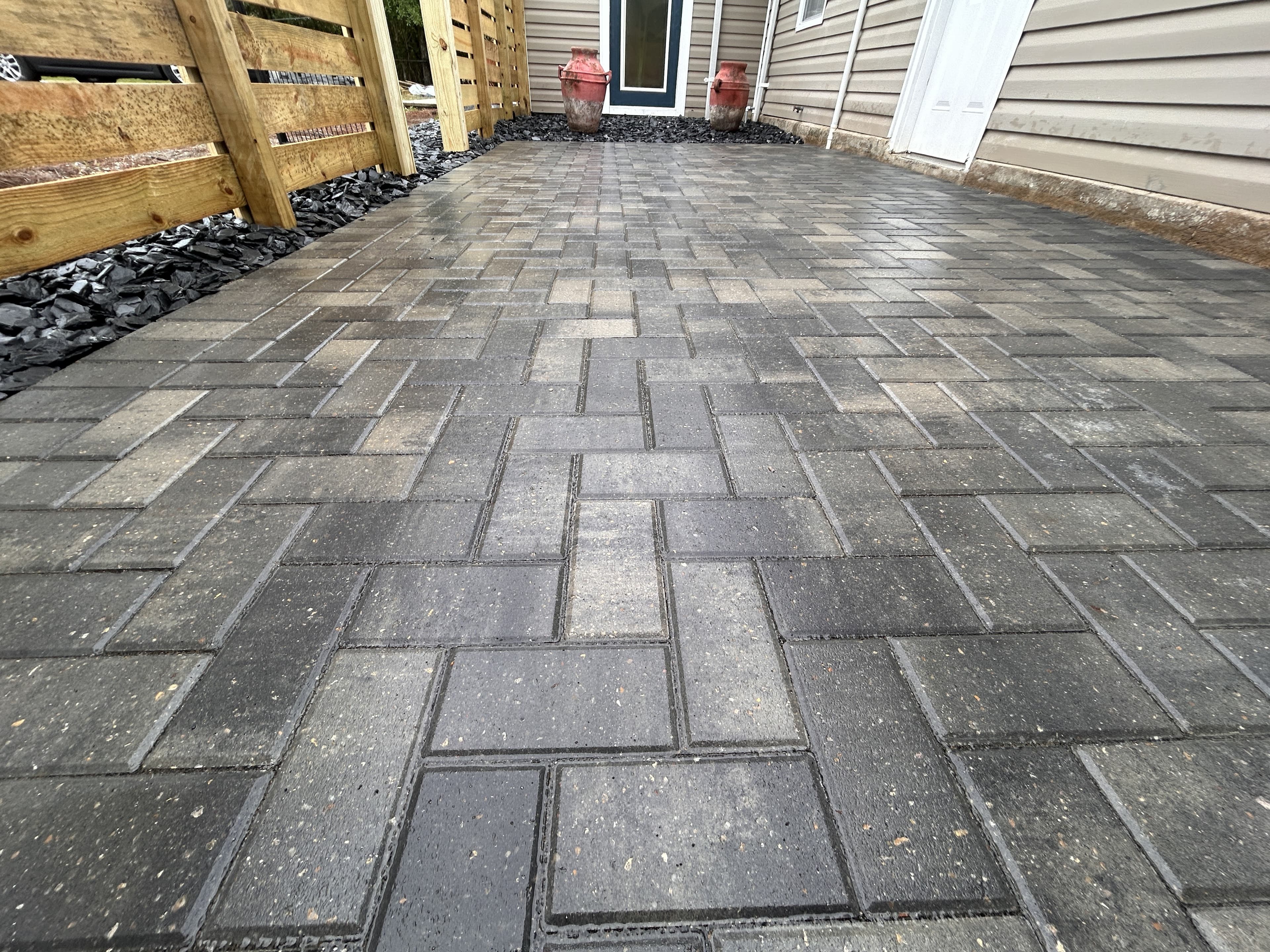 Close-up of Holland Antique Pewter pavers in herringbone pattern